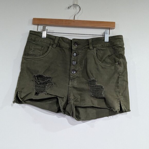 Harlow Button Fly Hi-Rise Distressed Denim Jean Shorts Olive Green Size 31 - Picture 1 of 5